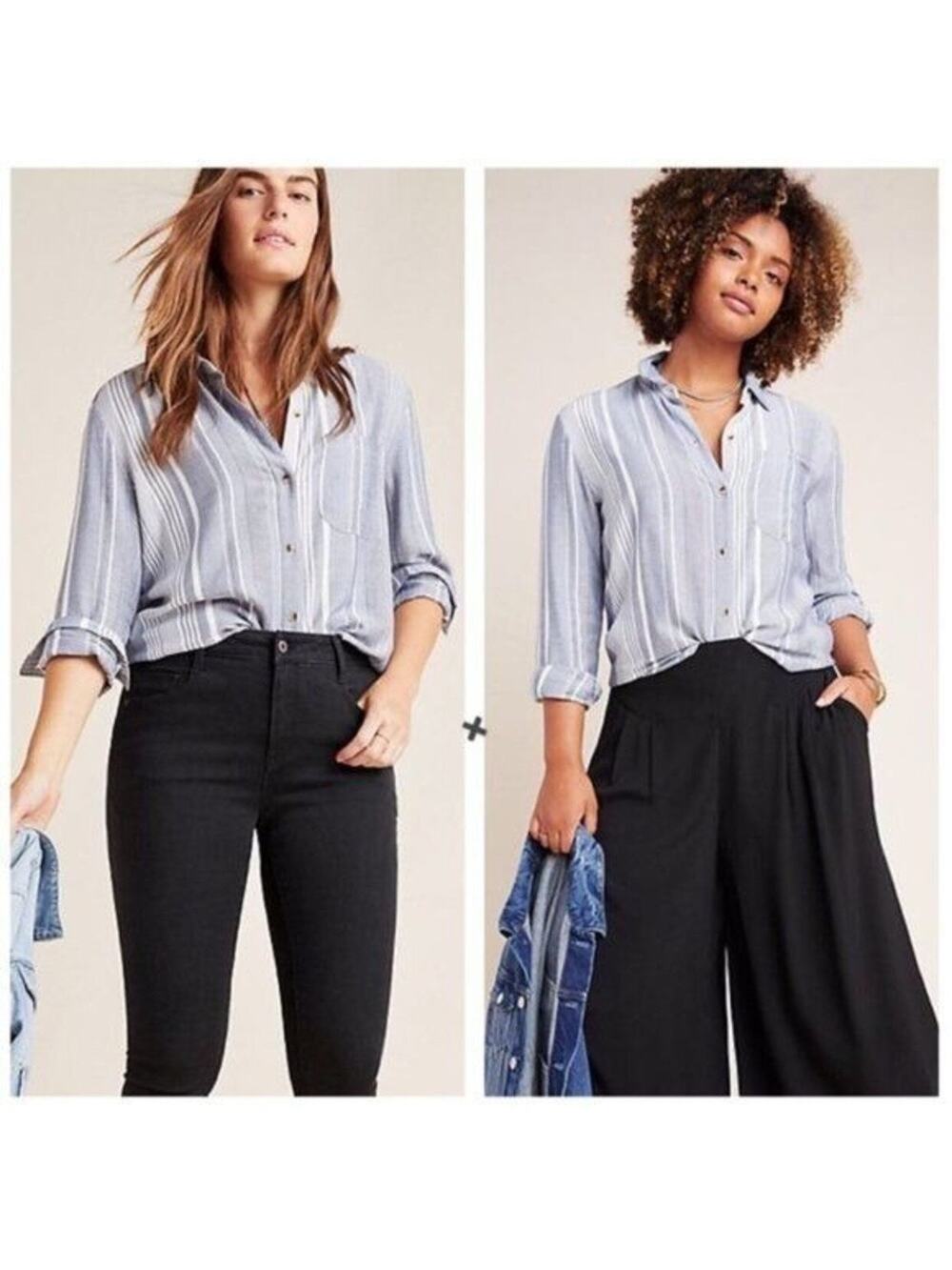Maeve By Anthropologie Women's Medium Blue & White Viscose Button Up Blouse